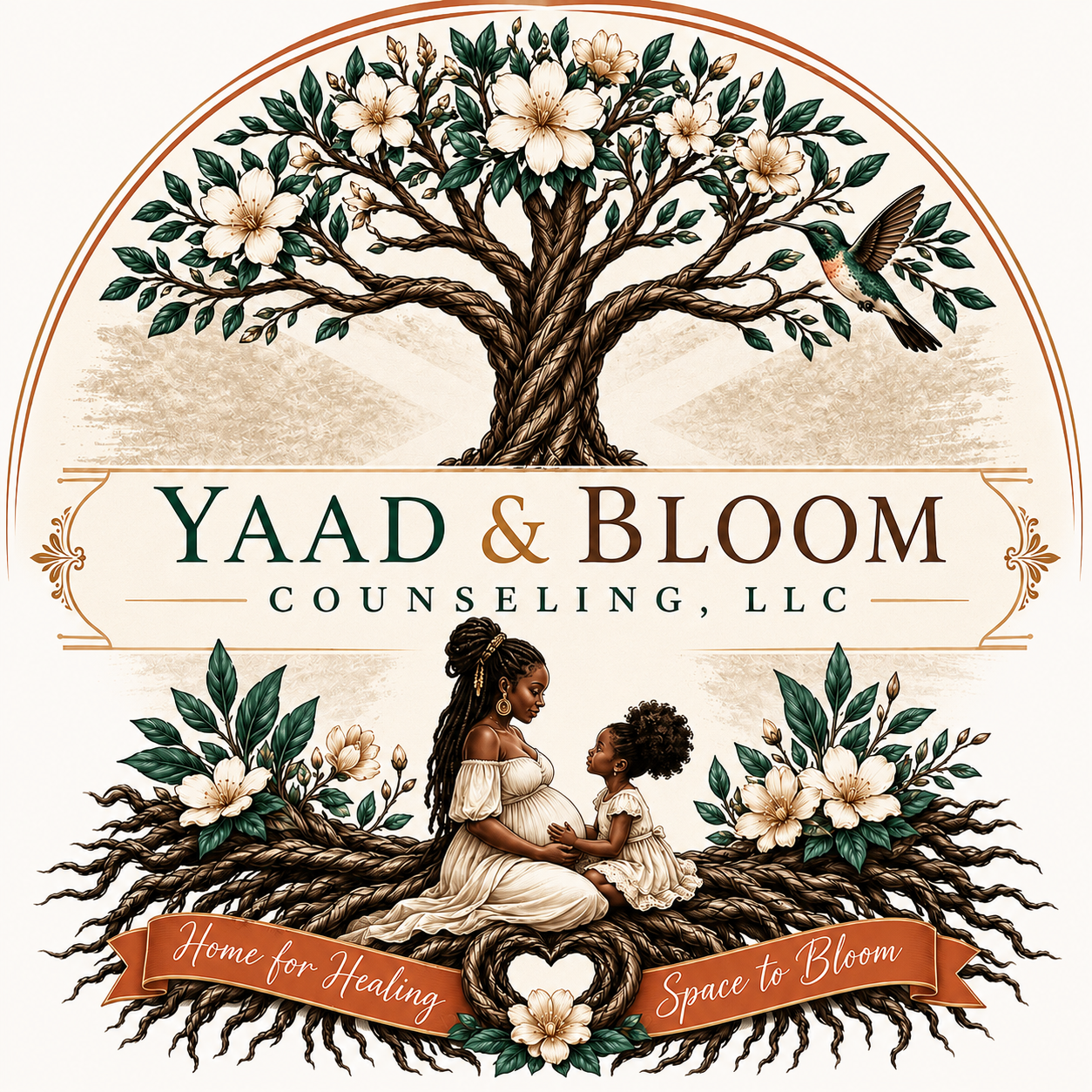 Yaad & Bloom Counseling tree of life emblem — a braided tree with white blooms, a hummingbird, and a mother and child seated on its roots, with the wordmark and slogan 'Home for Healing. Space to Bloom.'